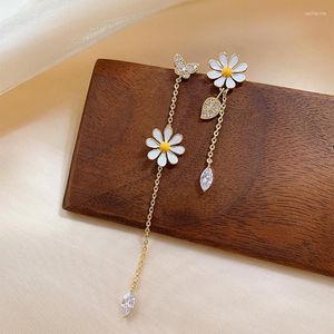 Hoop Earrings Fashion Asymmetric Tassel Flower Women's Korean White Daisy Rhinestone Girls' Party Temperament Jewelry Gi