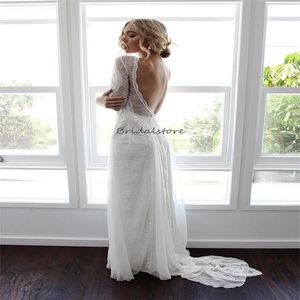 Hippies Boho Spitzenhochzeitskleid 2023 Sexy rückenfreie lange Ärmel böhmische fließende Chiffon Strandbrautkleid zivil rustikal Land Vestidos de Novia Hippie Roben Mariee