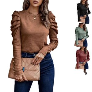 Women's Autumn/Winter High Elastic Cashmere Round Neck Slim-Ft Puffed Sleeve Long Sleeve Top