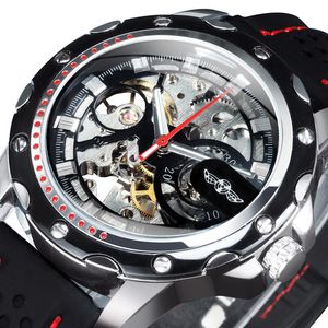 Zwycięzca zegarek Sports Outdoor Automatyczne zegarek dla mężczyzn Luminous ręce czarne szkieletowe zegarki mechaniczne luksusowe marka gumowa pasek zegar 230731