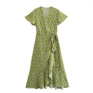 Casual Dresses Daisy Print Tail Wrapped Chip Green Dress Summer Trafing 2023 Women Y2King Vadiming Robe Maxi Midi Lolita Sexig Party