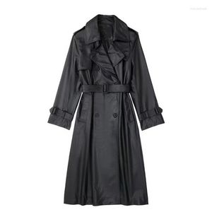 Jaqueta Feminina de Couro de Comprimento Médio Preto Faux PU Trench Coat Feminino Gola Alta Feminina Transpassada Sobretudo Feminino Casual Streetwear