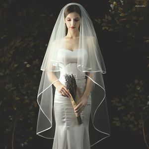 Veli da sposa Avvolto Doppio strato Bordo in raso Velo da sposa Bianco Accessori da sposa con capelli Tomba Semplice ed elegante Voile Mariage