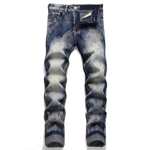 Slim-Fit Stretch Men's Jeans Retro Blue Letter Print Skinny Pants Spring Autumn Fashionable Urban Mid-Waist Streetwear