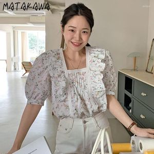 Damenblusen Matakawa Blusas Mujer Print Floral Rüschen Elegant Frühling Sommer Frauen Puffärmel Square Neck Süße kurze Shirts