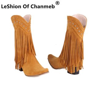 Boots LeShion Of Chanmeb Fringe Mid-calf Western Boots Women Punk Rivets Tassel Cowboy Boot for Cowgirl Woman Autumn Winter Shoes 230801