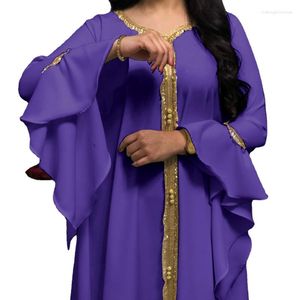 Ethnic Clothing Middle Eastern Women Abaya Plus Size Lotus Leaf Sleeve Embroidered Gold Lace Dress Muslim Robe Jalabiya