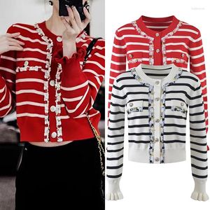 Women's Sweaters Ruffles Patchwork Fashion Striped Knitting Cardigans Full Sleeves O-Neck Red/White Color Lady Jumpers Tops Coat