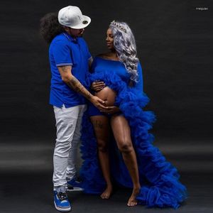 Casual Dresses African Royal Blue High Low Tulle Dress for Women Maternity Poshoot Vestidos långa klänningar Party Robe