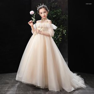 Girl Dresses Champagne Flower For Weddings Appliques Trailing Tulle Pageant Dress Kids Party Wedding Costume Birthday Vestidos