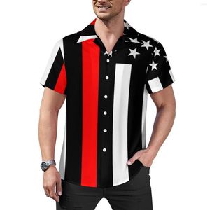 Men's Casual Shirts American Flag Graphic Blouses Male Thin Red Line Star Print Short Sleeve Streetwear Oversized Beach Shirt