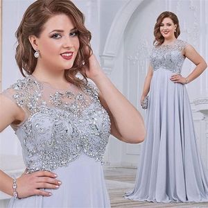 Elegante silberne Pailletten-Kleider für die Brautmutter, perlenbesetzt, durchscheinend, mit Juwelenausschnitt, Hochzeitsgastkleid, Sweep-Zug, Plus-Size-Chiffon, Even320z