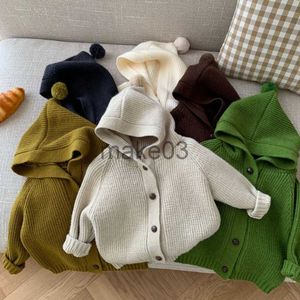 Cardigan Autumn Dzieci Swetery Solidny kolor dziewcząt z kapturem Dziewczynki chłopcy luźne dzianiny j230801