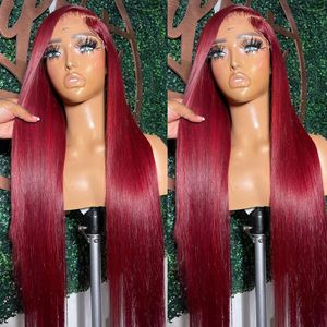 250% 99J Borgonha de renda frontal Simulaiton Human Hair Wigs Glueless Red Color Brasilian Straight HD Lace Frontal Fechamento 30 34 polegadas