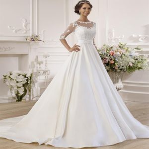 Gorgeous Half Sleeves Satin Ball Gown Wedding Dresses with See-through Back Lace Applique Wedding Dress Vestido De Noiva H0122416