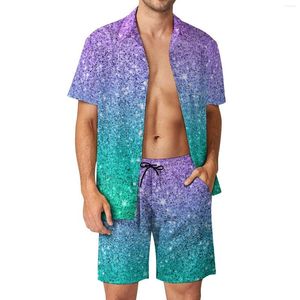 Men's Tracksuits Glitter Print Men Sets Purple And Green Casual Shorts Beach Shirt Set Cool Custom Suit Short-Sleeve Oversized