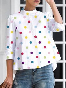 여자 T 셔츠 yeezzi 여성 스타일리쉬 폴카 도트 스탠드 칼라 블라우스 2023 여름 3/4 소매 여성용 캐주얼 탑