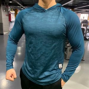 Herrtröjor män som kör kamouflage lång ärm huva sport gym sweatshirts manlig fitness träning hoody qucik torkning sportkläder blå