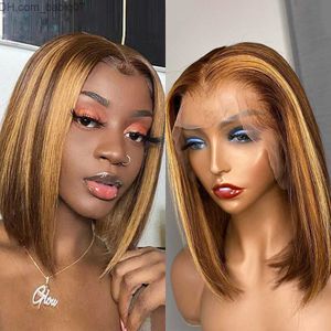 Synthetic Wigs Highlight Human Hair Short Wig Brazilian for Black Women 4X4 Straight Closure Remy Pre Plucked T Part Lace Closure Bob Wigs Z230801