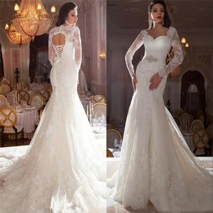 Sexy Lace Applique Sweetheart Bling Beaded Sash Ivory Mermaid Open Back Bridal Dresses Chapel Train Fashion Long Sleeve Wedding Go240W