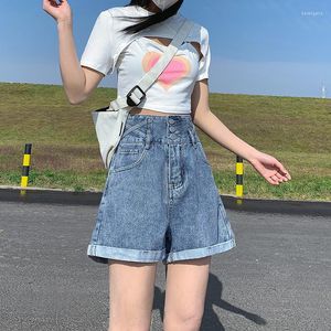 Shorts Feminino Coreano Moda Casual Denim De Verão Para Mulheres Solto Borda Ondulada Seção A Linha A Cintura Alta Y2K Short Jeans