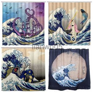 Duschgardiner rolig katt bläckfisk japansk anime kraken monster hokusai de stora vågorna kanagawa antika havslandskap duschgardin x0731