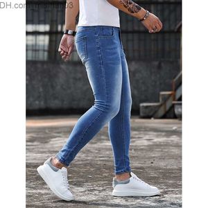 Calças masculinas cintura elástica jeans justos jeans azuis elásticos hip-hop jeans street casual jeans calças jogging masculinas Z230801
