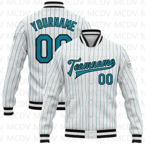 Herrenjacken, individuell gestaltete, weiß-blaugrüne Nadelstreifen-Blaugrün-Schwarz-Bomberjacke mit durchgehendem Druckknopf, Varsity-Letterman-Jacke, Baseball-Knopfjacke 230731