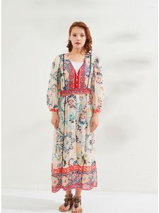 Casual Dresses Retro Ethnic Print Holiday Dress Summer Female Age-reducerande puffärmar Solskyddsmedel Midlängd Chiffon Vestidos Women D1337