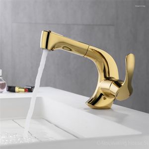 Bathroom Sink Faucets Creative Golden Pull-out Basin Faucet Single-hole Washbasin Mixing Kitchen Vintage Accessories