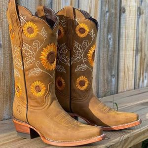 Stiefel Frauen gestickte Stiefel gedruckt Glitter Western Cowgirl Boots Retro Toe Mid Calb Chunky Heel Boots 230801