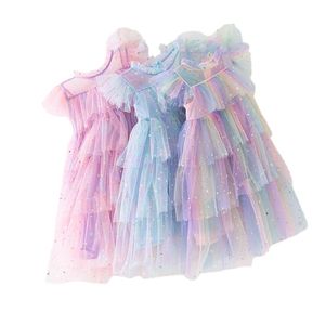Flickans klänningar 1-12T Girls Fly Sleeve Rainbow Star paljett Tulle Cake Dresses Super Fairy Princess Dress Kids Mesh Puffy Birthday Party Vestidos 230801
