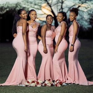 Pink Mermaid Bridesmaid Dresses 2021 One Shoulder Lace Beaded Sweep Train African Plus Size Maid of Honor Gown Country Wedding Gue237W