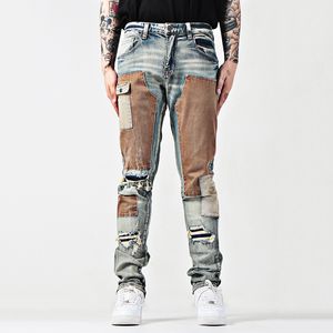 Męskie dżinsy Pfnw Auummn Pants Hiphop wielopokometkowy Patchwork Slim Y2K American High Street Motorcycle Hole Vintage 28A3610 230731