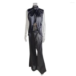 Women's Two Piece Pants Smooth Satin Vest Set Two-piece Women Outfit Elegant Wide Leg For Chic O-neck