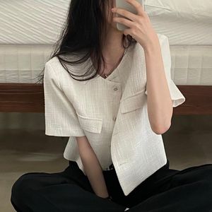 Kvinnors jackor koreanska sommar mångsidiga grova textil kvinnor korta ärmar jacka retro nisch designficka en enda bröstkvinna toppar