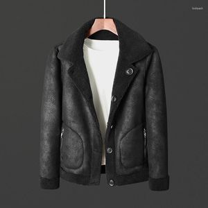 Men's Jackets Thick Mens Leather Jacket Winter Lapel Collar Vintage Warm Fleece Single-breasted Men Double Sided Coat Oversize M-7XL