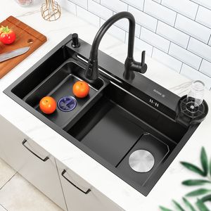 Çok işlevli mutfak lavabo paslanmaz çelik lavabo siyah tek yuva yıkama havzası lavabo şelale mutfak aksesuarları için büyük lavabo