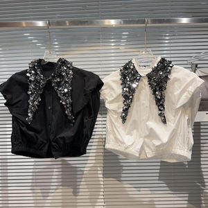 Women's Blouses Women Sequins Collar Crop Button Down Shirts White Black