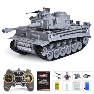 Electric RC Car RC Tank Shoot Bullet Smoking Infraröd fjärrkontroll Toy Tiger Militärmodell vibrerande rekyl med ljud LED Boy Gift 230731