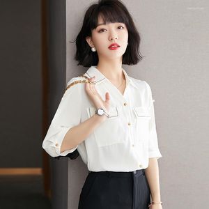 Camicette da donna 2023 Estate Versione coreana Camicia a maniche corte con risvolto in chiffon Elegante alla moda Abbigliamento donna allentato T57