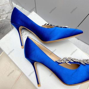 Designer Luxury Women's Dress High-Heeled Shoes Rhinestones Pointed Shoes Silk High-Heeled Women's Fashion Classic Women's Wedding Party Blue Red White