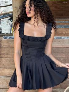 Casual Dresses 2023 Summer Woman Clothing Sleeevless Backless Ruffles Tunics Dress Fashion Sexy Black High Waist A-line Corset Pleated