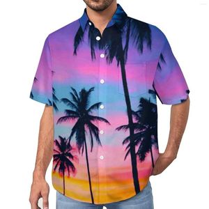 Camisas casuais masculinas Miami Sunset Camisa com estampa de palmeiras Praia Solta Blusas havaianas divertidas Mangas curtas Gráfico Roupas grandes