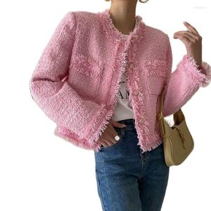 Women's Jackets Arrival Fall Spring Pink Sweet Luxury Tweed Chain Design Jacket Women's Woollen Coats Elegant Slim Causal Outerwear