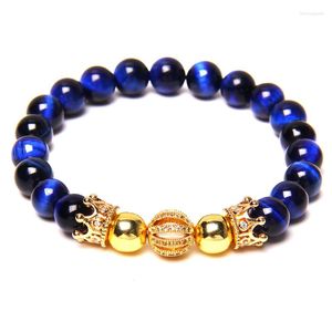 Strand Fengshui Buddha Motto pärlor armband för kvinnor män vintage guldfärg krona cz boll charm armband blå tiger ögon sten armband