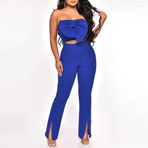 Women's Two Piece Pants Fashion Set Women Sexy Bow Strapless Crop Top High Waist Split Flare Suit Summer Elegant Outfits