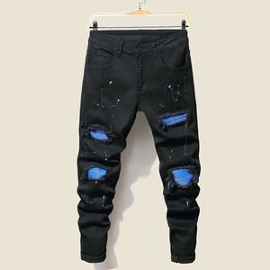 Mäns jeans män jeans cool rippade magra byxor sträcka smala denim byxor stor storlek hiphop svartblå casual jogging jeans för män 230731