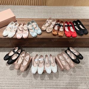 luxury Bow silk Round-toe women's ballet flat shoes strap boat designer shoes bottom Mary Jane comfortable retro elastic band black and white pink gray red brown 35-41
