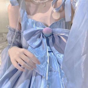 Vestidos casuais azul halter lolita elegante lindo vestido princesa verão pongee